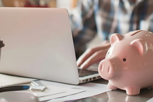 Piggy bank in soft focus on desk with blurred elderly man using laptop to fill out Internet pension application do accounting and paperwork at home manage personal finance or pay bills online