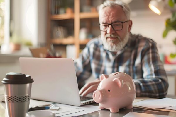 Piggy bank in soft focus on desk with blurred elderly man using laptop to fill out Internet pension application do accounting and paperwork at home manage personal finance or pay bills online