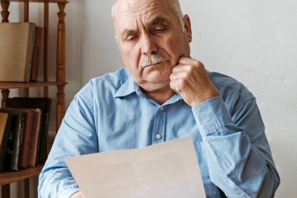 Thoughtful old man reading a paper document