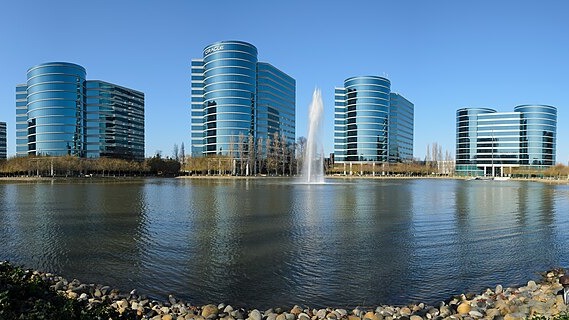 Seven-segment panorama of Oracle Corporation headquarters in Redwood Shores, Redwood City, California.