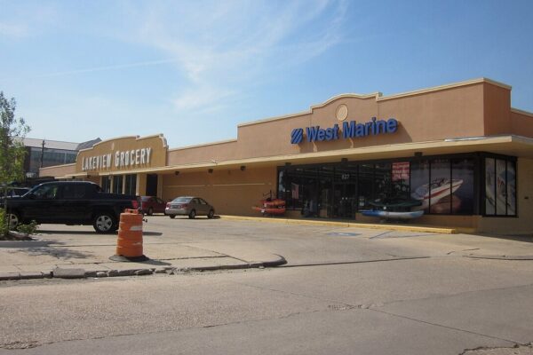 Lakeview section of New Orleans. Harrison Avenue. Commercial building housing Lakeview Grocery and West Marine.