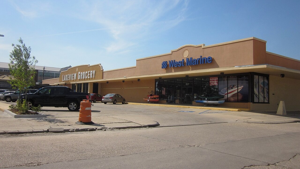 Lakeview section of New Orleans. Harrison Avenue. Commercial building housing Lakeview Grocery and West Marine.
