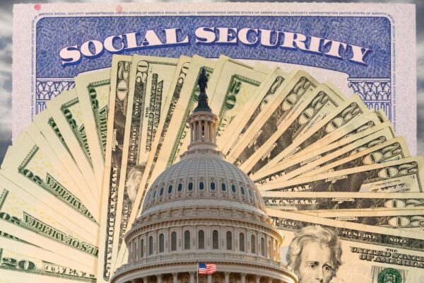 US Congress and Capitol in Washington DC with cash and social security card to illustrate budget problems as a result of coronavirus