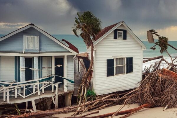 Image of a coastal town hit by a hurricane Show the destruction