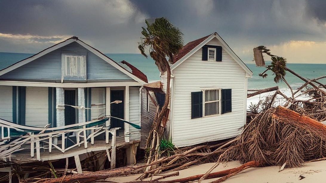 Image of a coastal town hit by a hurricane Show the destruction