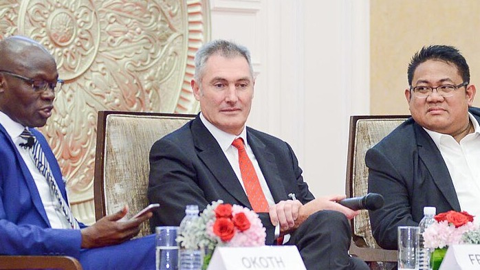 Speakers take part in a panel discussion on Investment models and practices for Freight Corridors on the morning of Friday 17 November 2017 during the 5th International Railway Summit at Shangri-La Hotel Kuala Lumpur. From left to right: Isaiah Okoth, Isaiah Okoth, Founder & Director, Connected Health Ltd; Tony Frazer, General Manager Operations, Australian Rail Track Corporation; Junn B Magno, General Manager, Philippine National Railways © 2017 IRITS Events Ltd. Photo: Stephen Wong