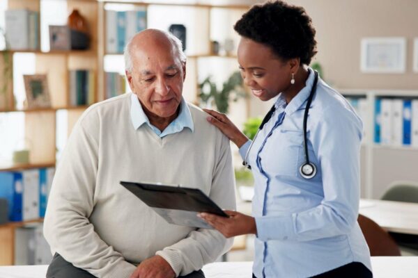 Hospital clipboard and doctor with old man for consulting medical service and diagnosis Healthcare clinic and woman with senior patient with paperwork for medicare insurance and prescription