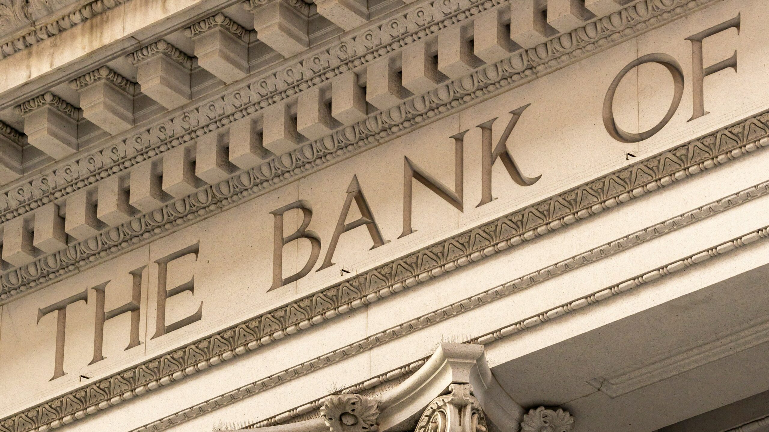 The bank of ornate classical columns and facade
