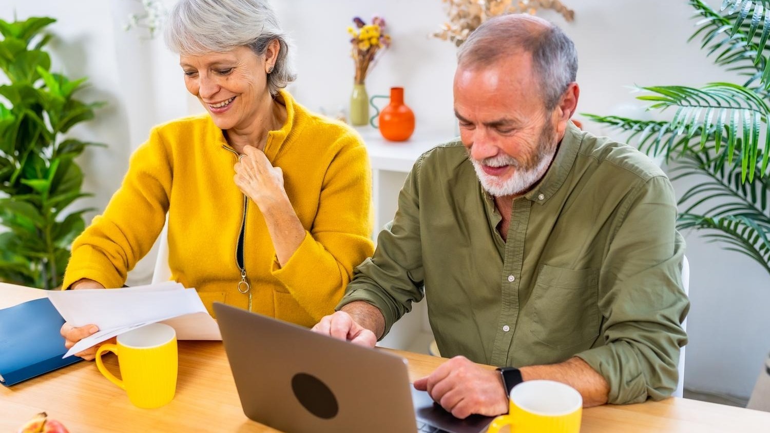 Happy senior couple working on personal financial bills at home