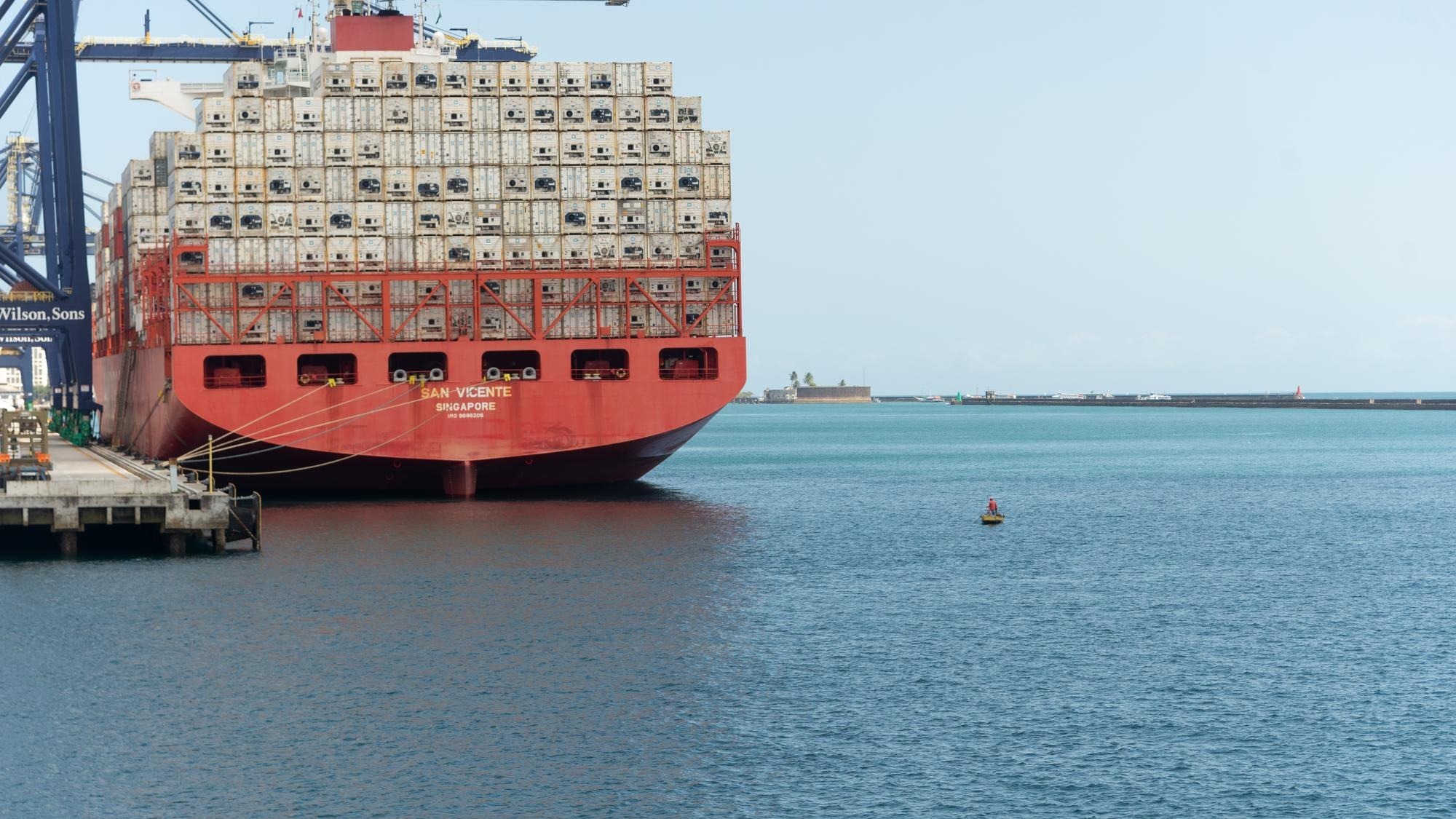 Salvador Bahia Brazil September 11 2022 Large ship loaded with container moored in the port of Salvador Bahia Brazil