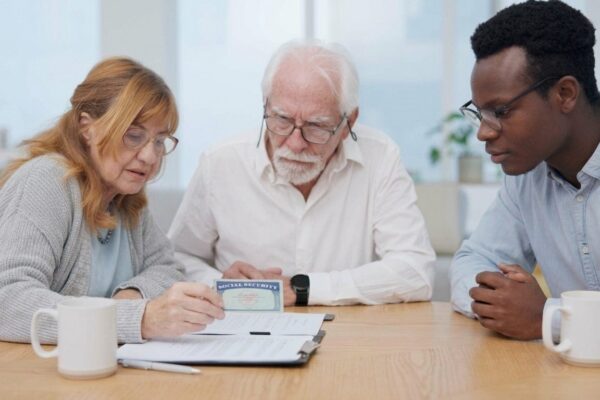 Senior couple insurance and contract with financial advisor and retirement plan to sign Document pension and business analyst with information and paperwork in office for signature of will