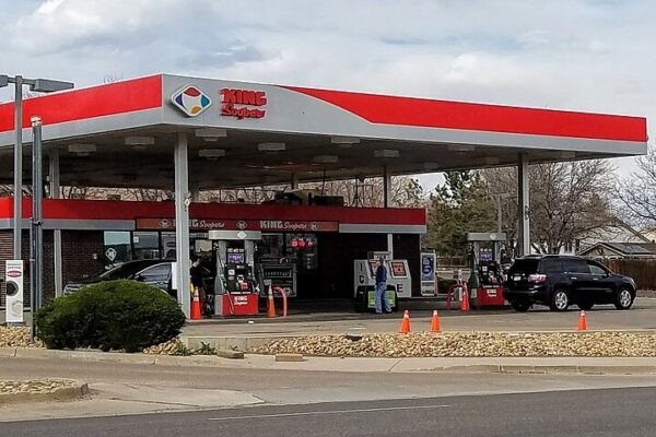 Low gas prices during pandemic at King Soopers fuel center, Jellison & Belleview, Jefferson Co., CO