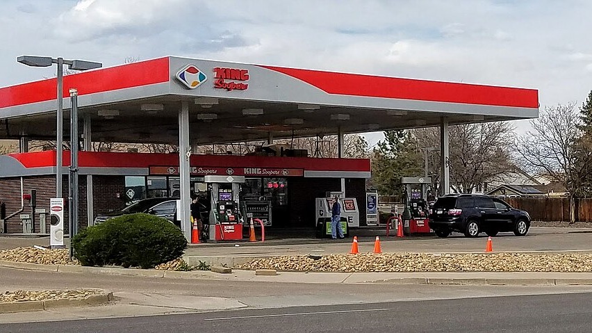Low gas prices during pandemic at King Soopers fuel center, Jellison & Belleview, Jefferson Co., CO