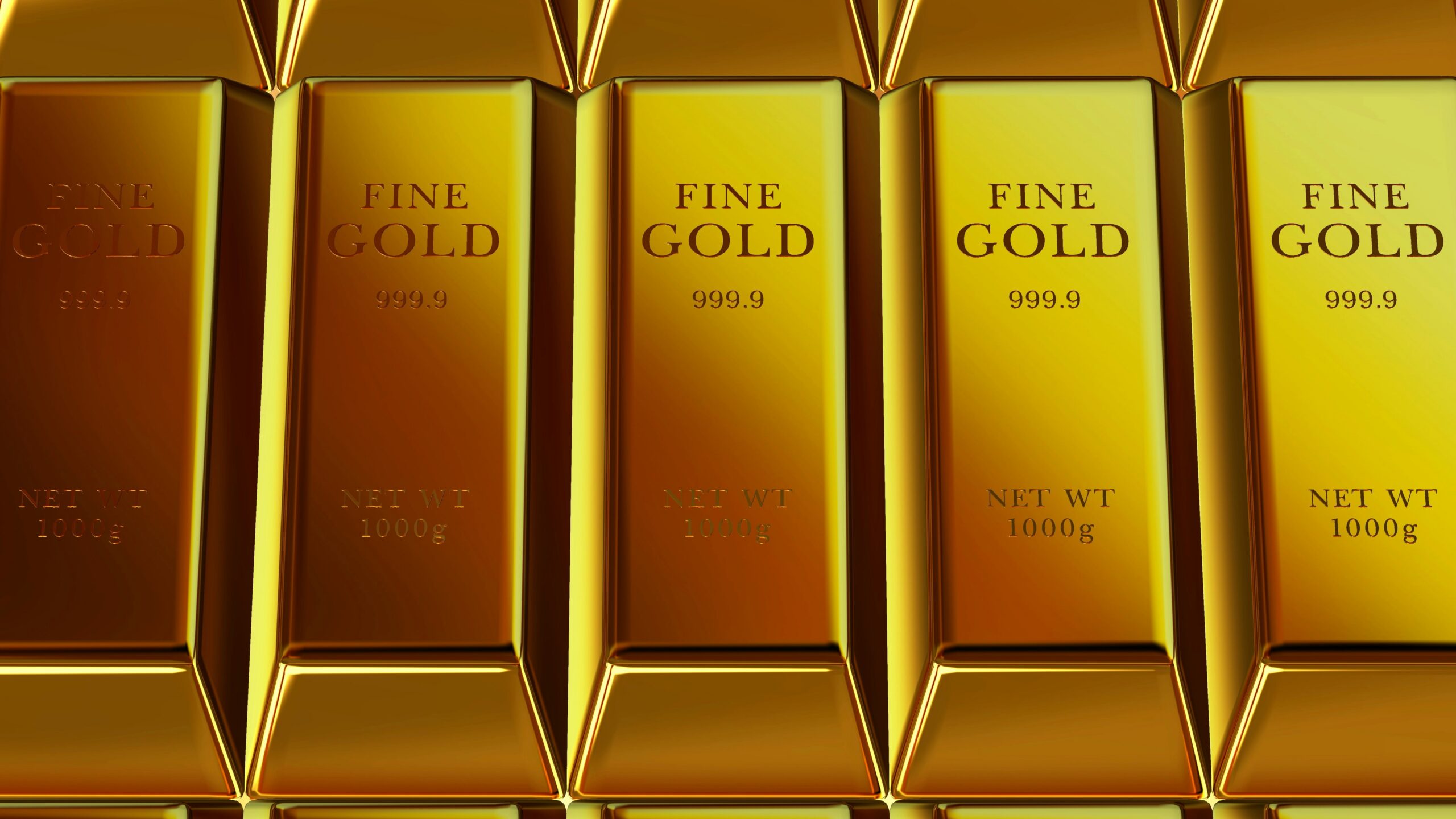 Rows of shiny gold bars stacked neatly
