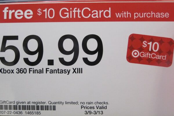 The price tag of the Final Fantasy XIII Xbox 360 version at Target at The Shops at Tanforan in San Bruno, California offering a $10 Target gift card with purchase.