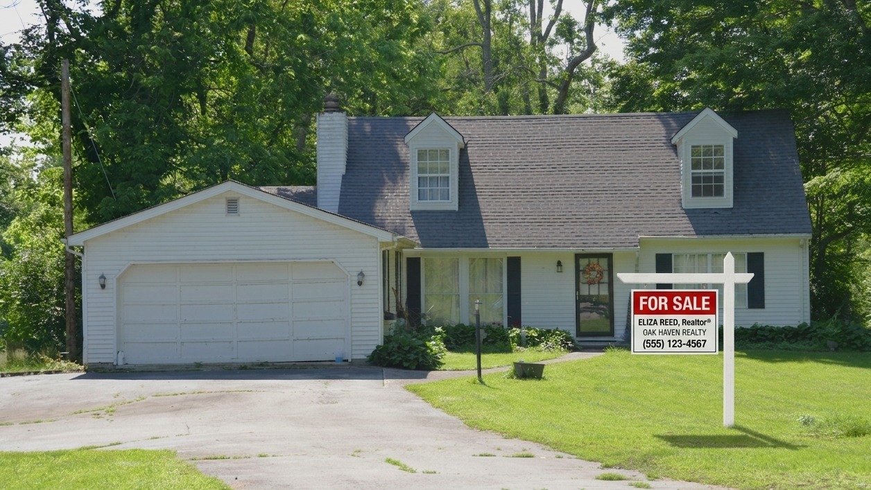 A white house with a garage, driveway, and green lawn.