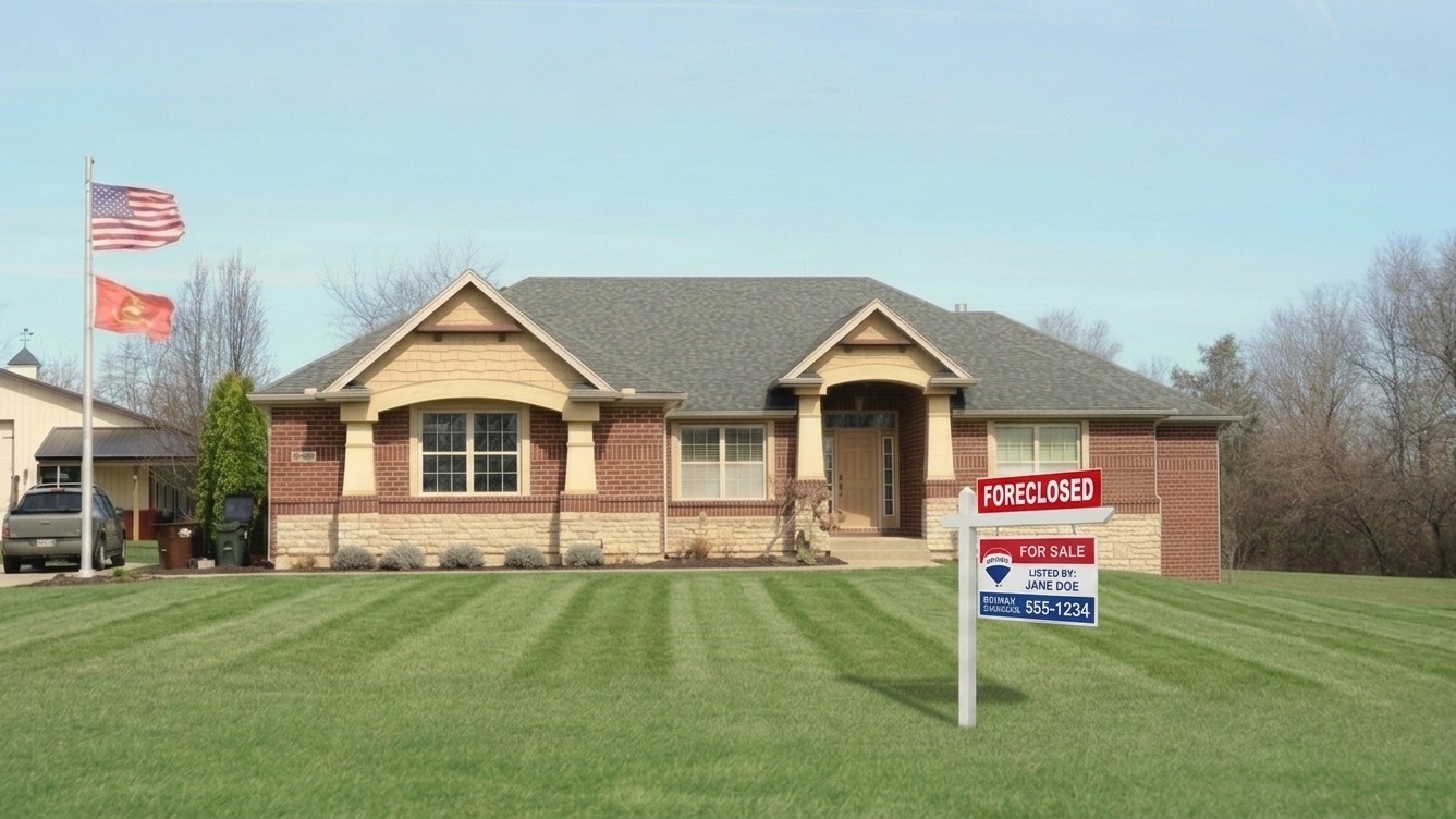 A modern brick house with a large green lawn.