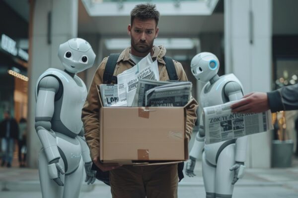 Man Walking Between Two White Humanoid Robots in Modern Building