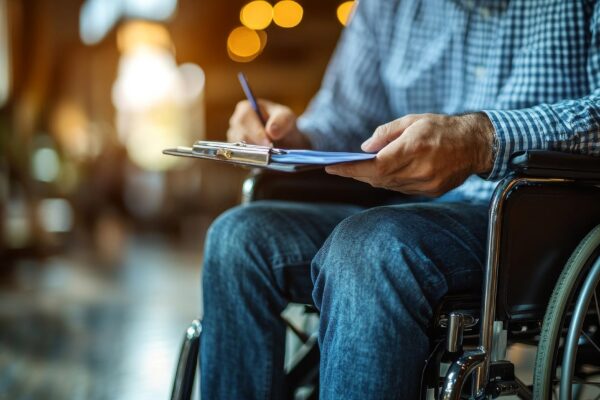 professional reviewing a disability insurance policy with a client in a wheelchair ensuring comprehensive coverage