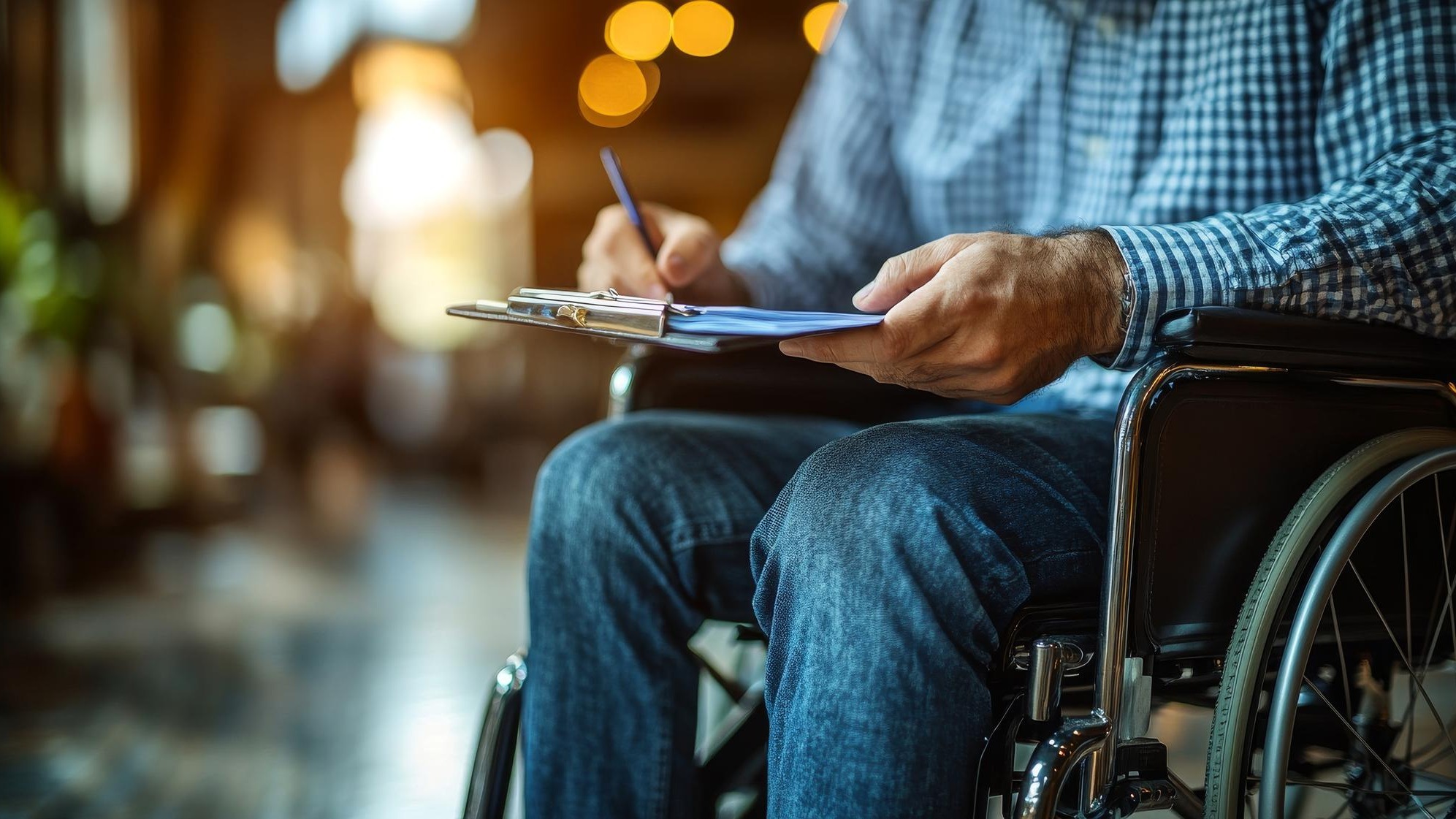 professional reviewing a disability insurance policy with a client in a wheelchair ensuring comprehensive coverage