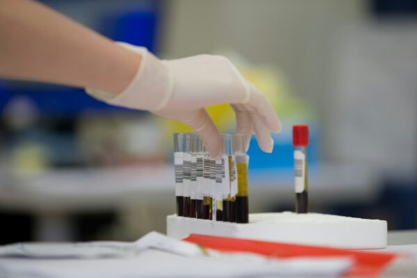 A person in white gloves is putting a bottle of wine in a test tube