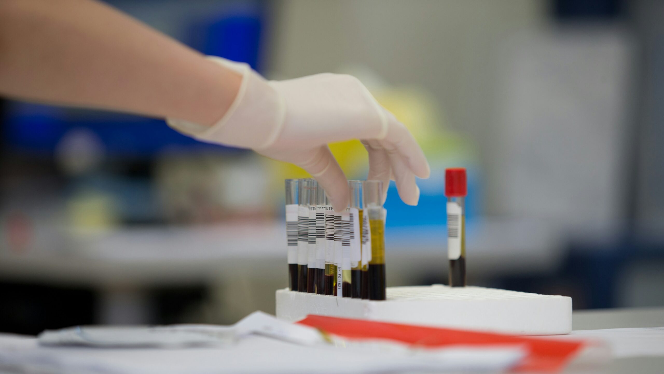 A person in white gloves is putting a bottle of wine in a test tube