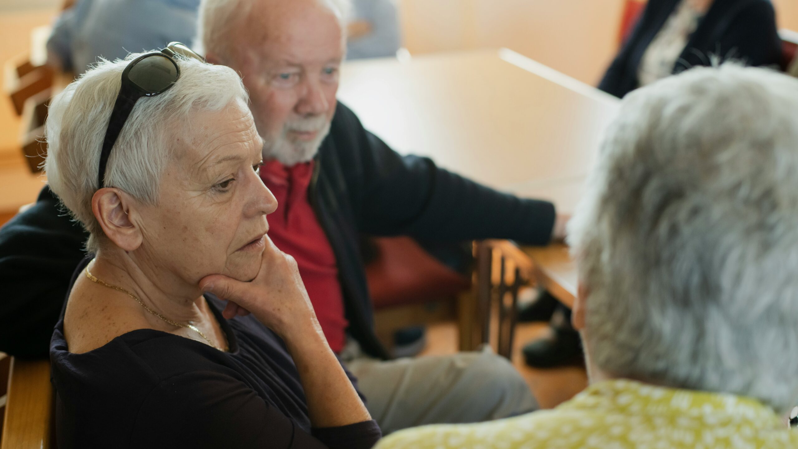 Elderly people are sitting and talking with each other.