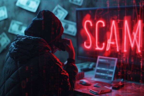 Scammer stares at the monitor plotting with a smartphone They hunt for victims for their schemes