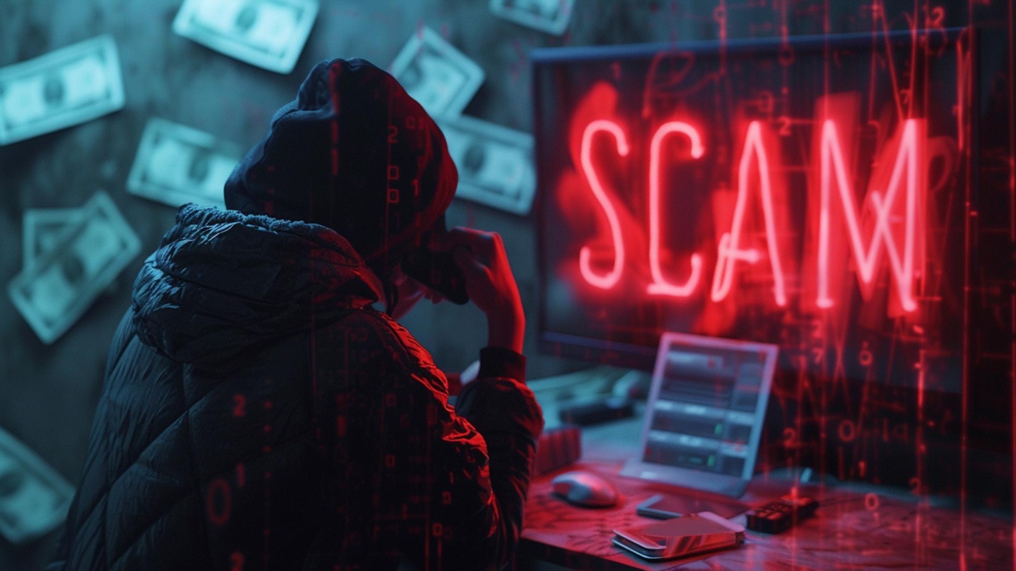 Scammer stares at the monitor plotting with a smartphone They hunt for victims for their schemes