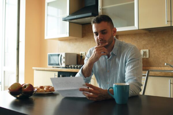 Man reading a document in a kitchen