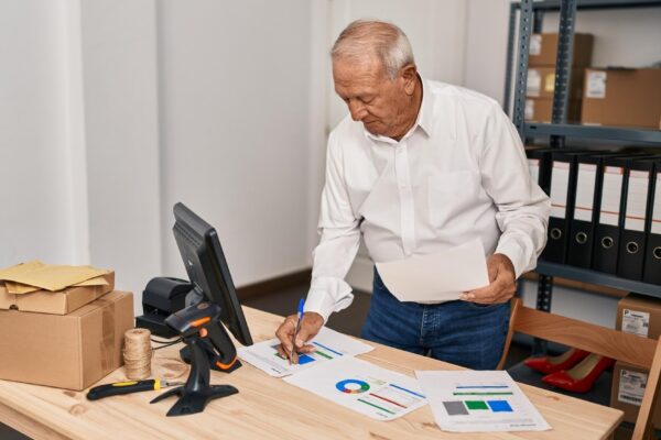 Senior man ecommerce business worker writing on document at office