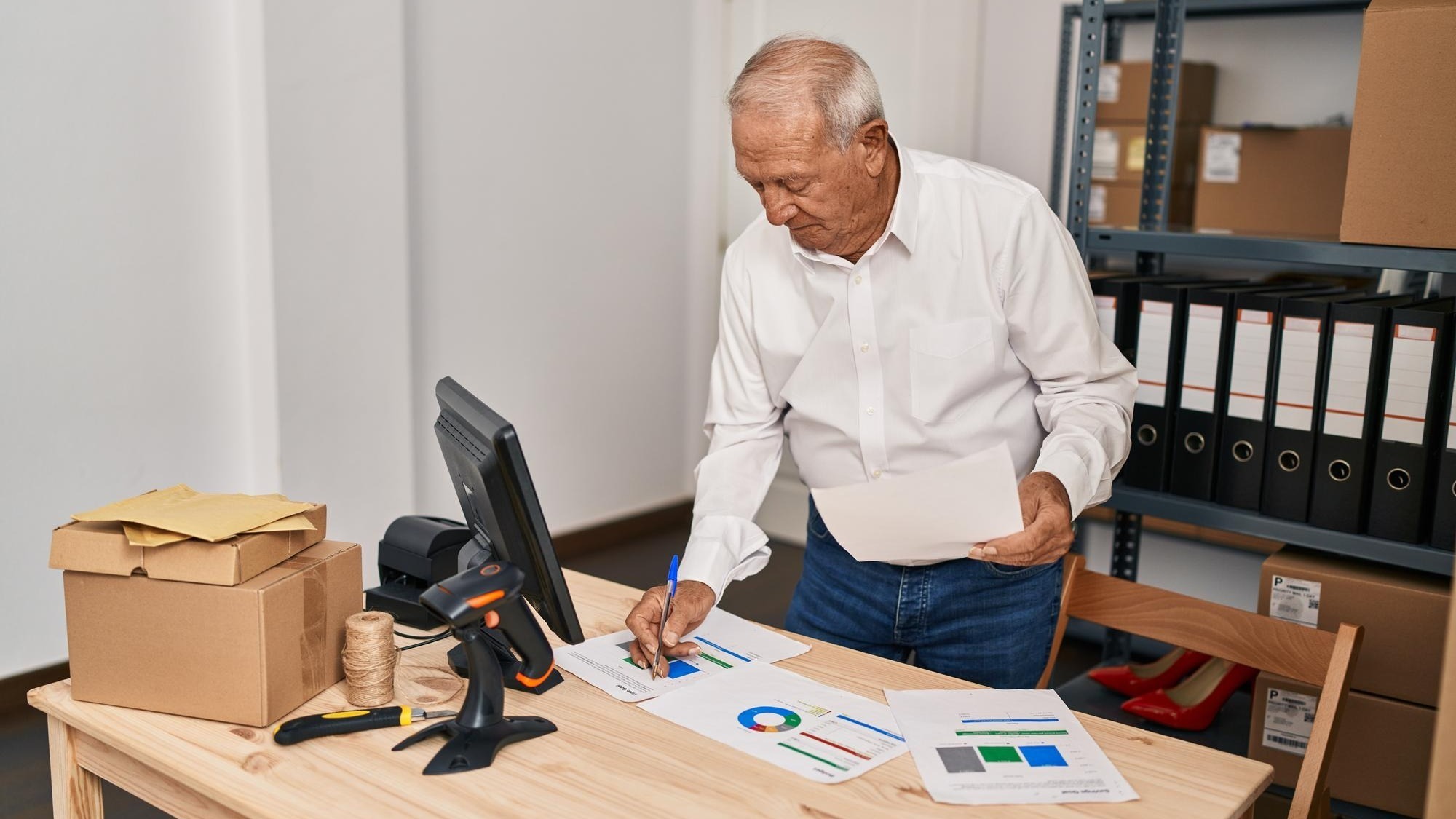 Senior man ecommerce business worker writing on document at office