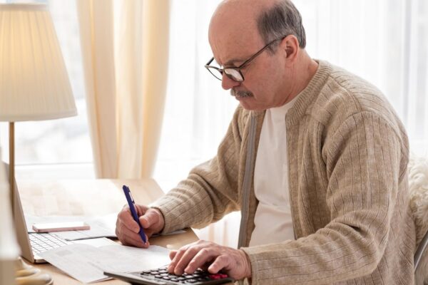 Senior man sitting with paperwork and using calculator while counting money