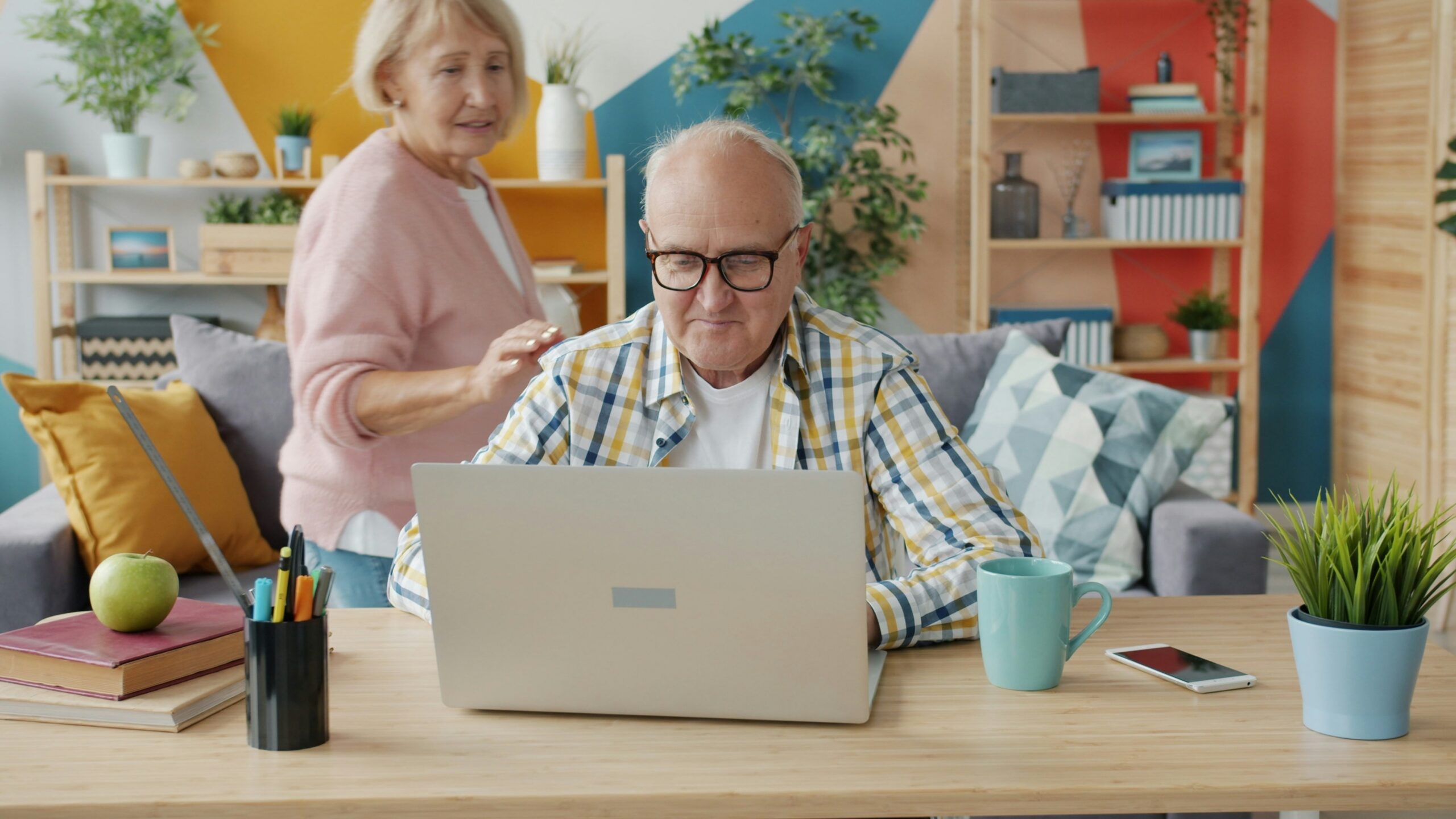Elderly couple using a laptop in a living room
