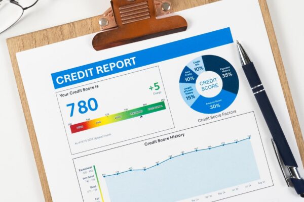 Credit score report on clipboard with pen
