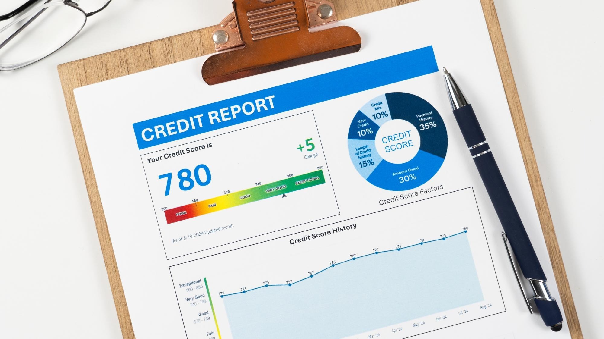 Credit score report on clipboard with pen