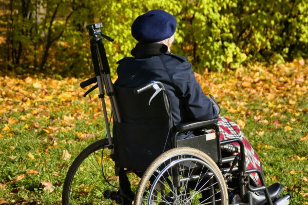 A person in a wheel chair on a path