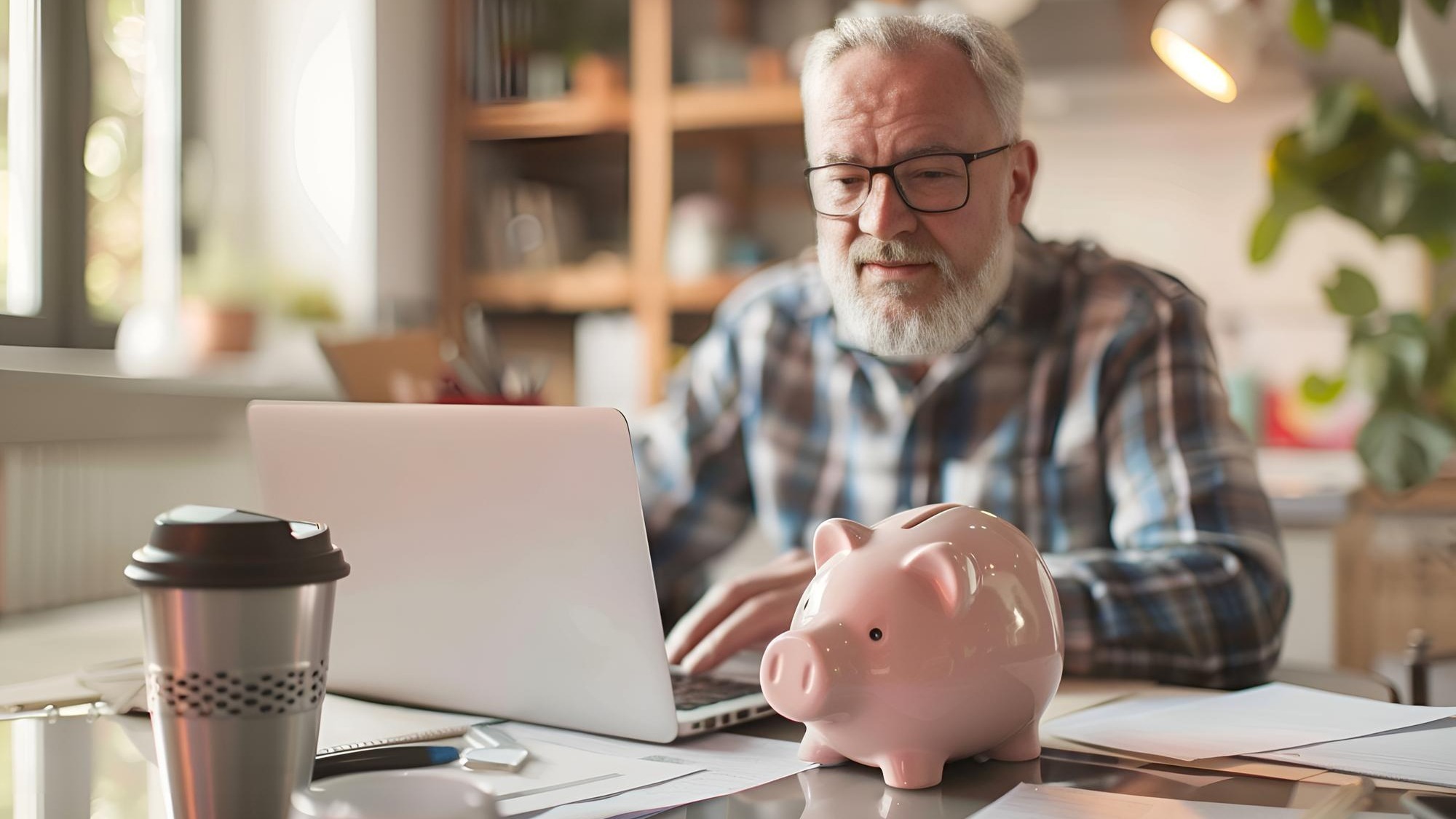 Piggy bank in soft focus on desk with blurred elderly man using laptop to fill out Internet pension application do accounting and paperwork at home manage personal finance or pay bills online