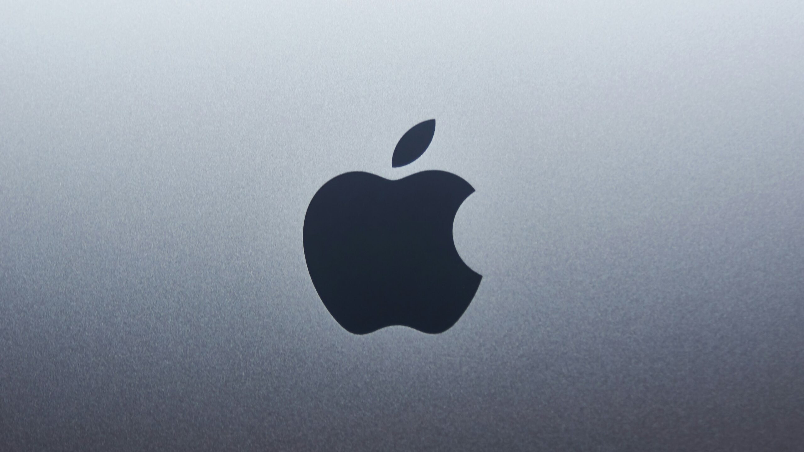 A dark apple logo centered on a smooth grey metallic surface