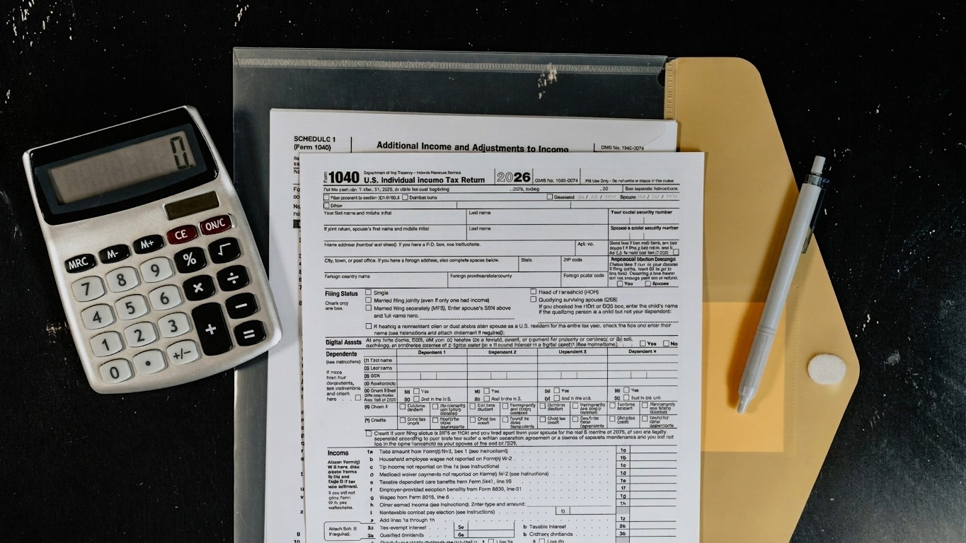 Calculator and tax forms on a dark surface.