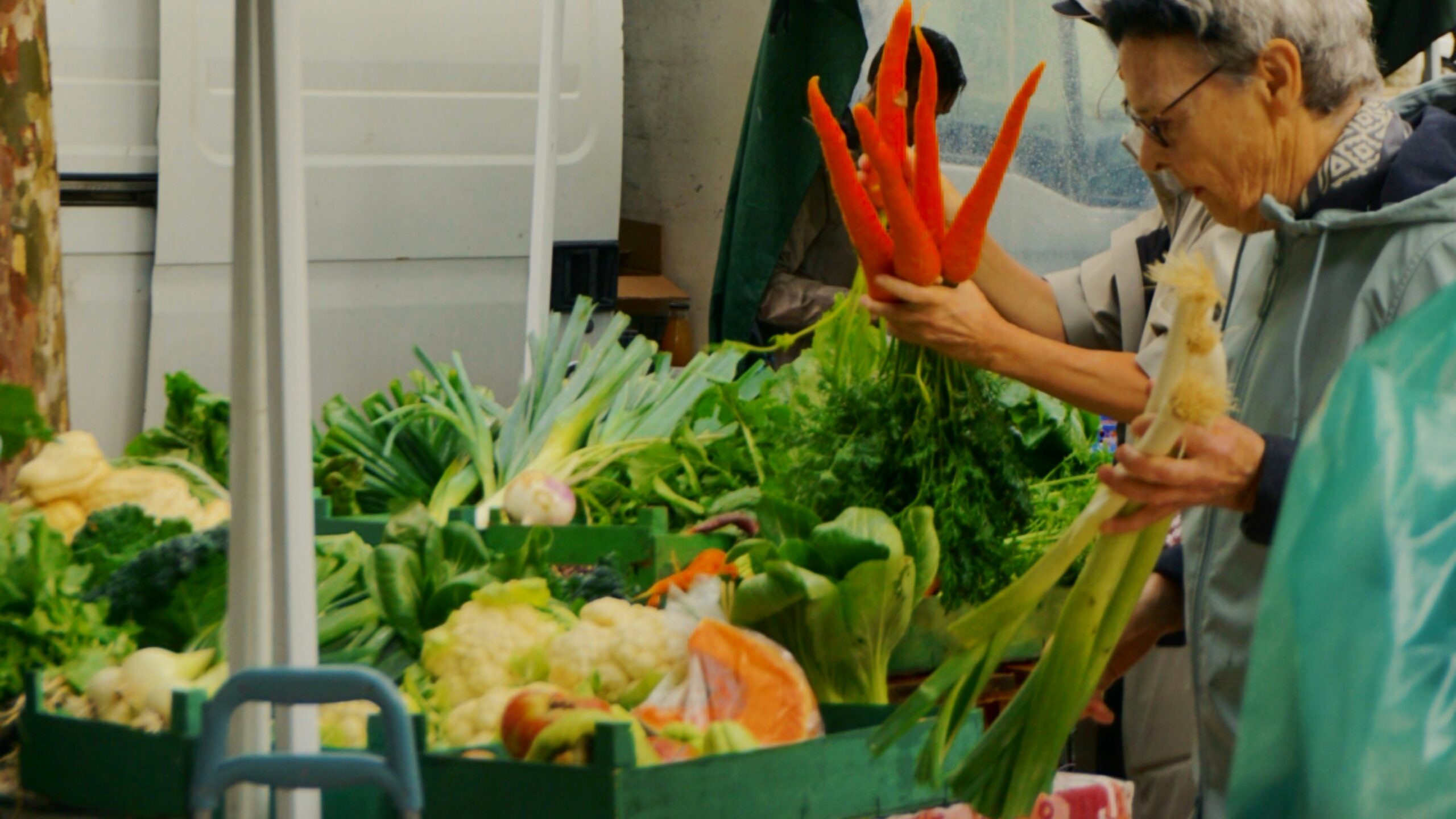 Elderly person holding red peppers at market stall