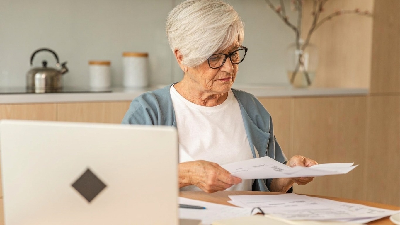 Middle aged senior woman sit with laptop and paper document pensive older mature lady reading paper