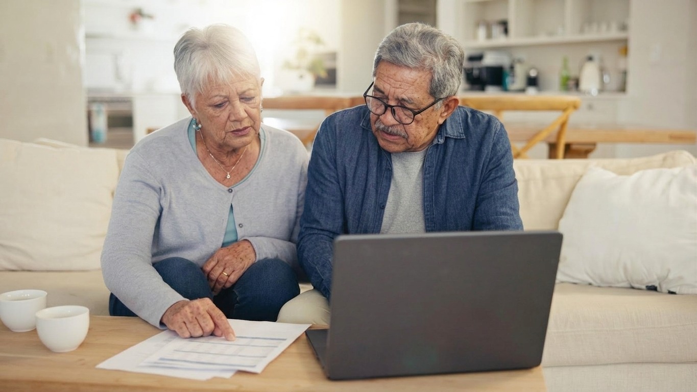 Elderly couple and laptop with document for financial planning investment or paperwork for retirement Senior man woman and tech with budget for online banking account or savings in home