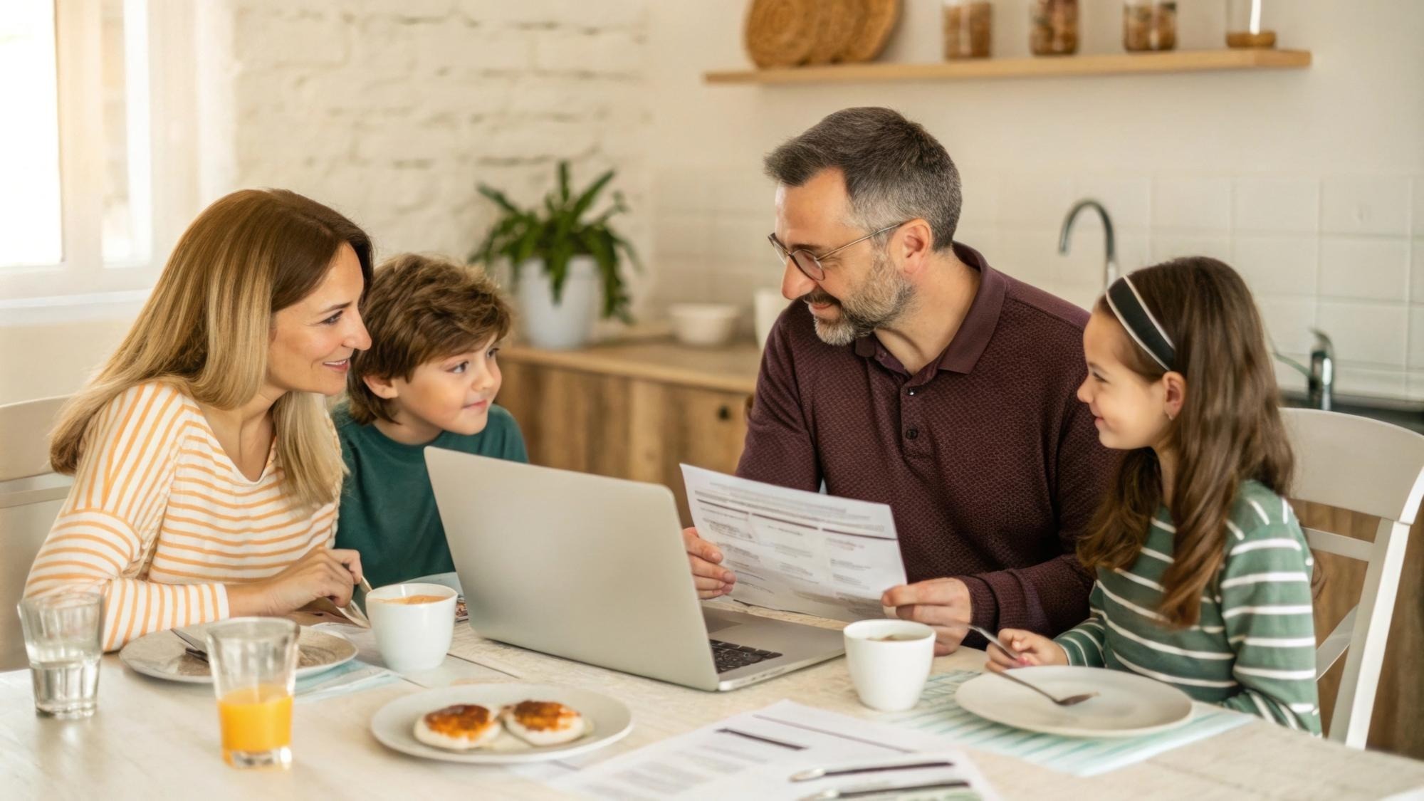 A family sitting around a dining table reviewing tax forms and discussing their deductions with a laptop open in front of them