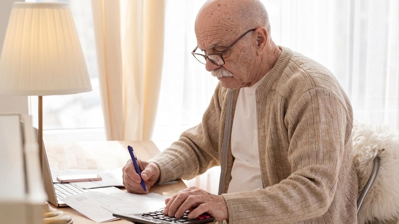 Senior man sitting with paperwork and using calculator while counting money