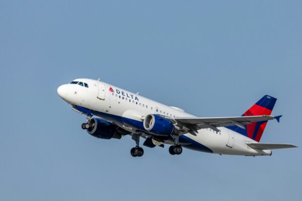 blue and white Delta airplane at flight