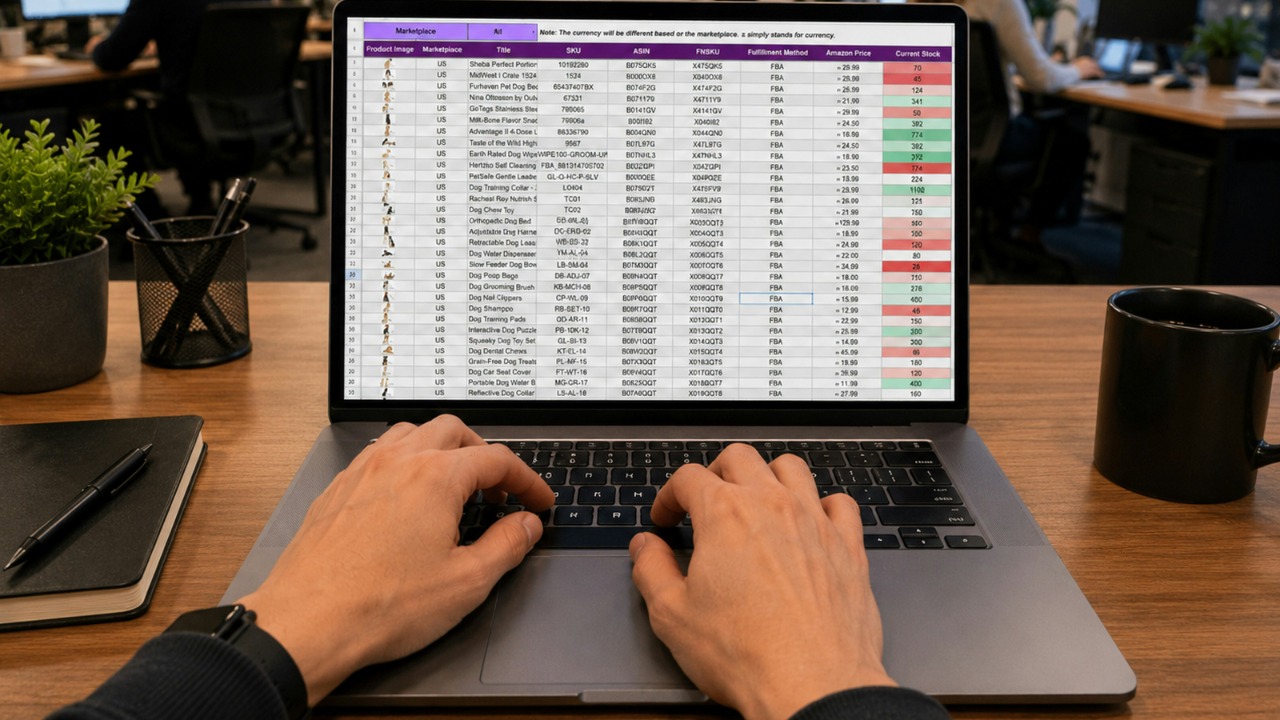 Hands typing on a laptop displaying a data spreadsheet