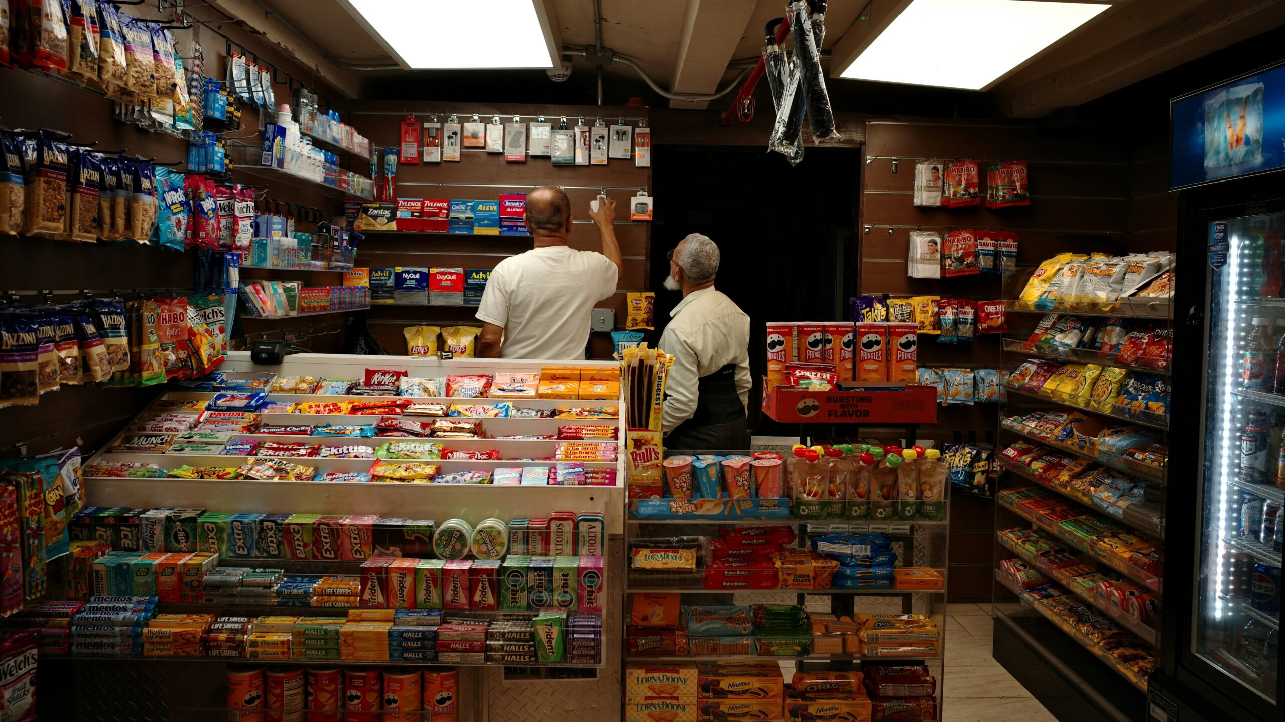 Inside a convenience store with snacks and drinks
