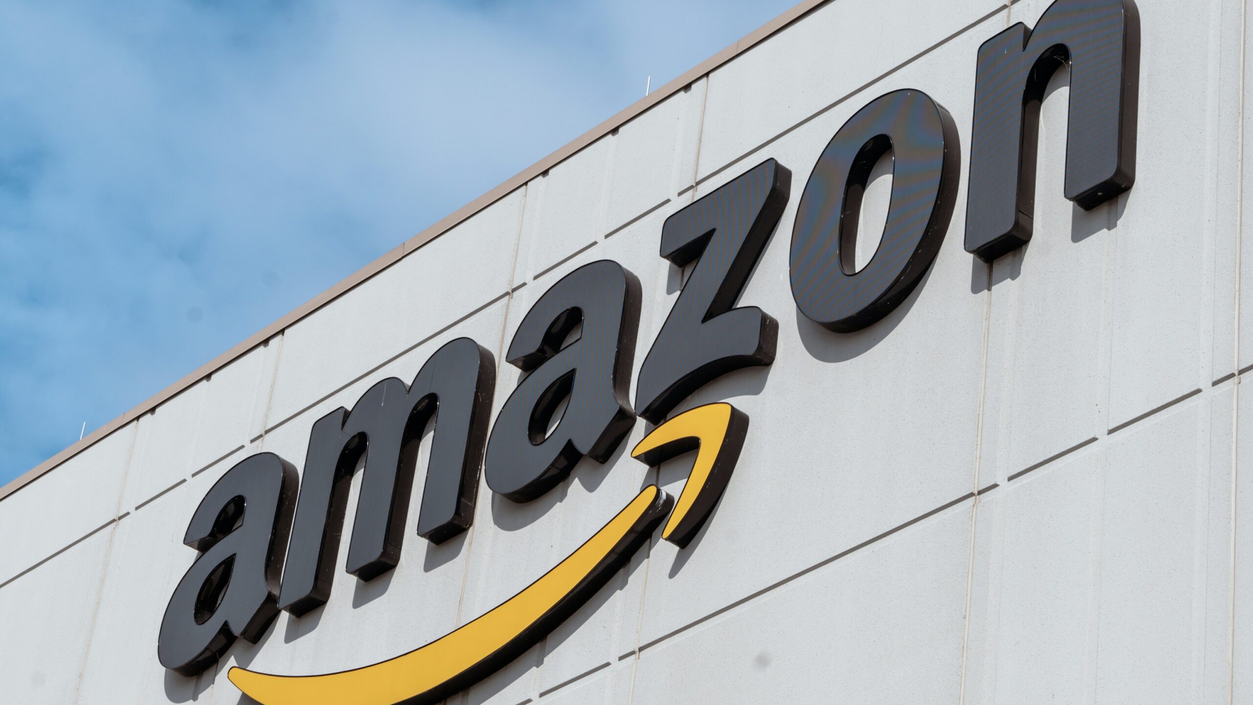 The amazon logo is displayed on a building